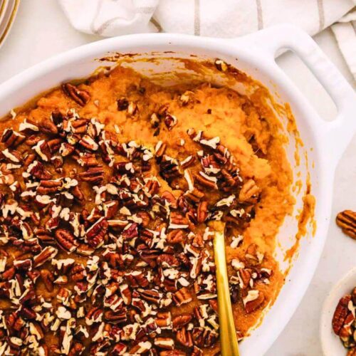 Sweet potato casserole in a dish.