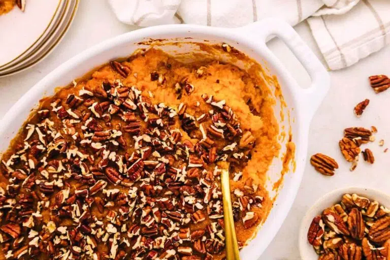 Sweet potato casserole in a dish.