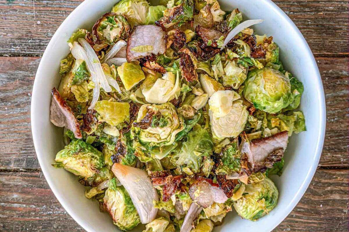 A bowl of roasted Brussels sprouts.