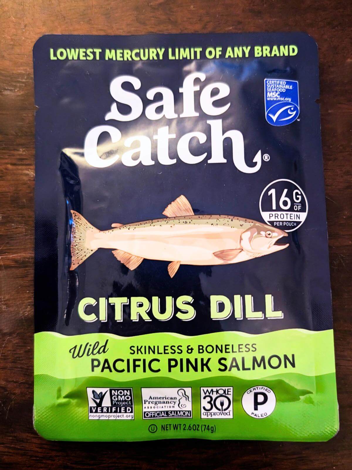 A pouch of safe catch salmon.