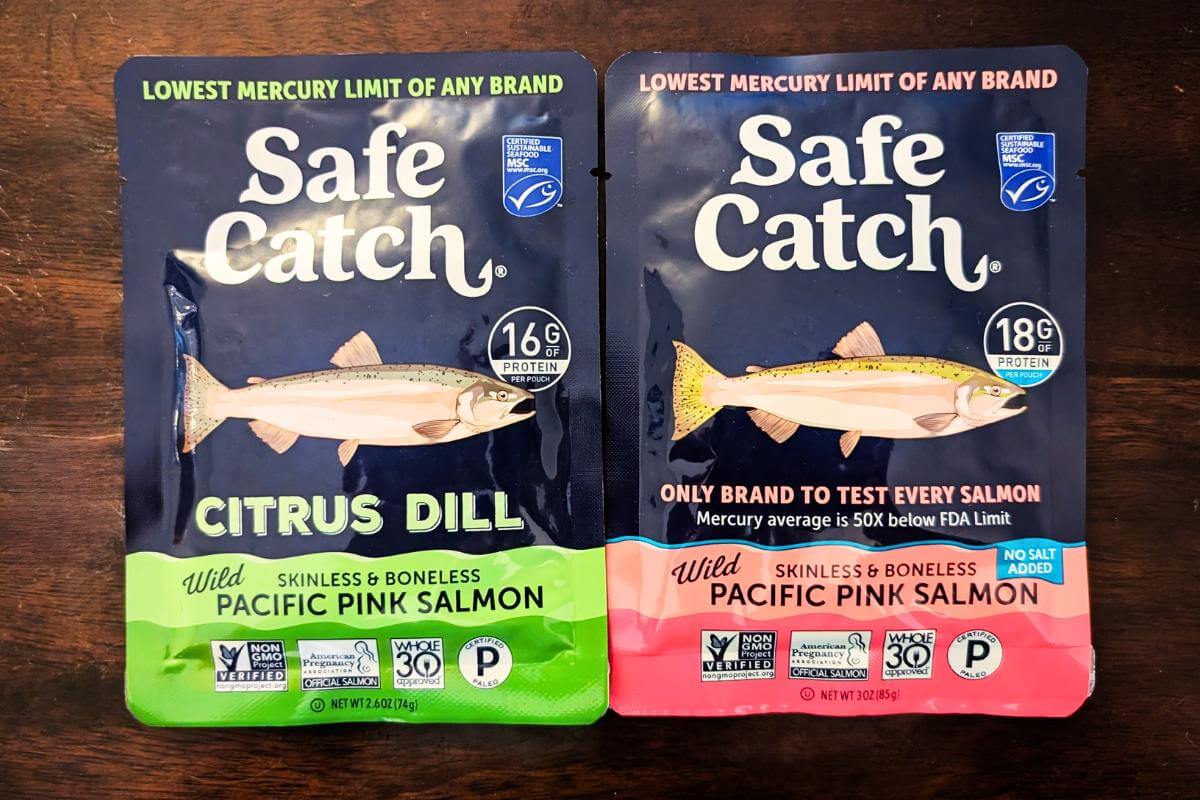 Two pouches of safe catch seafood.