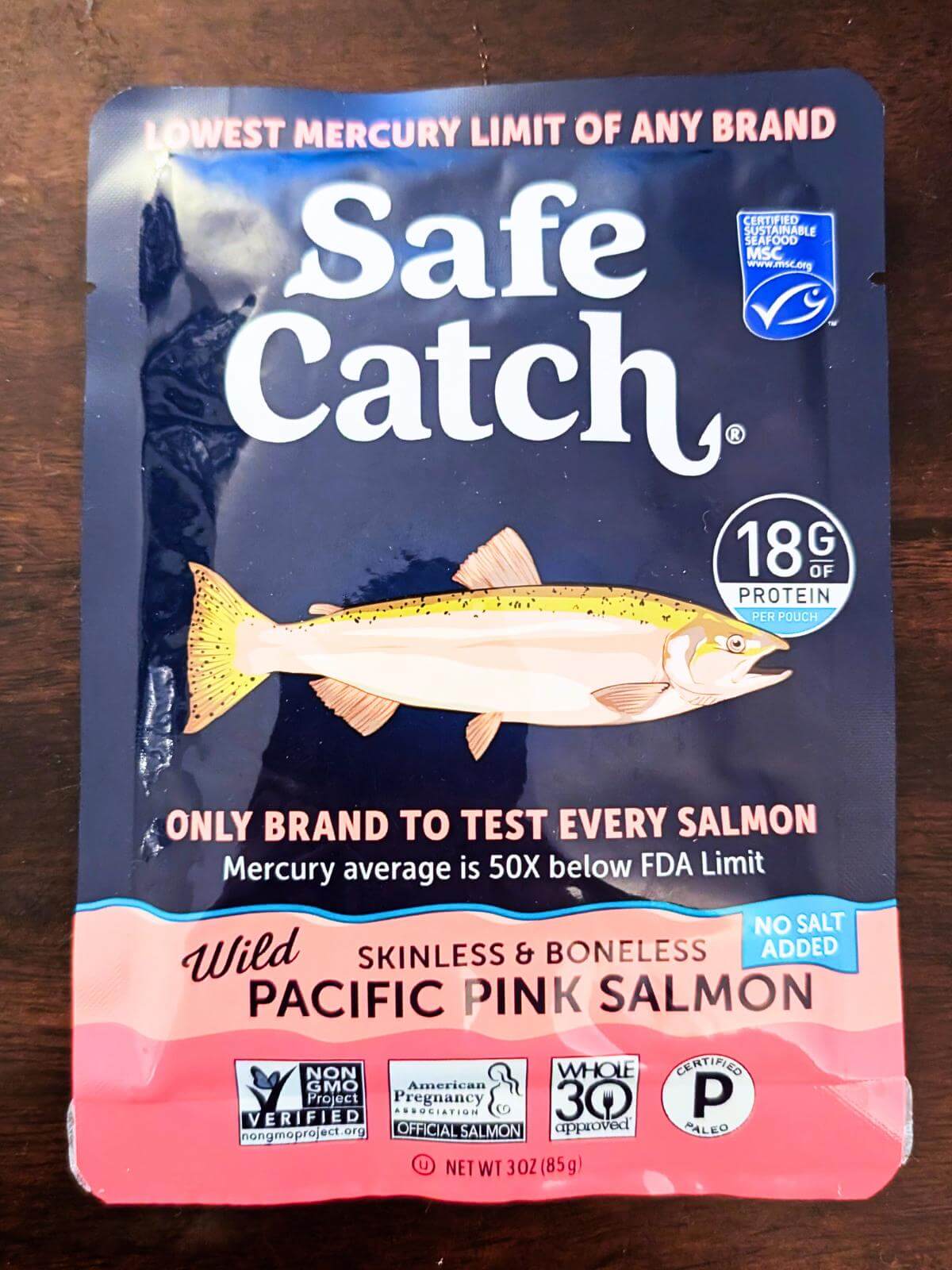 A pouch of safe catch salmon.