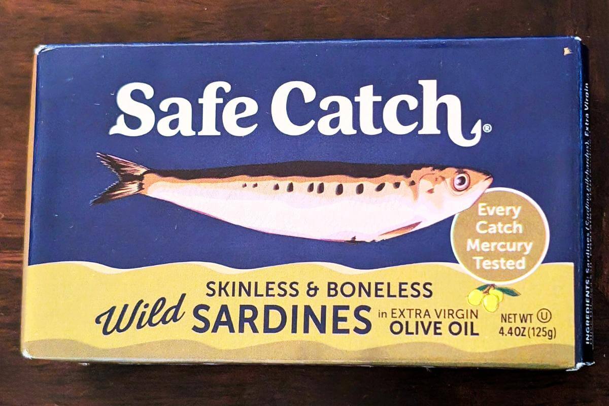 A box of safe catch sardines.