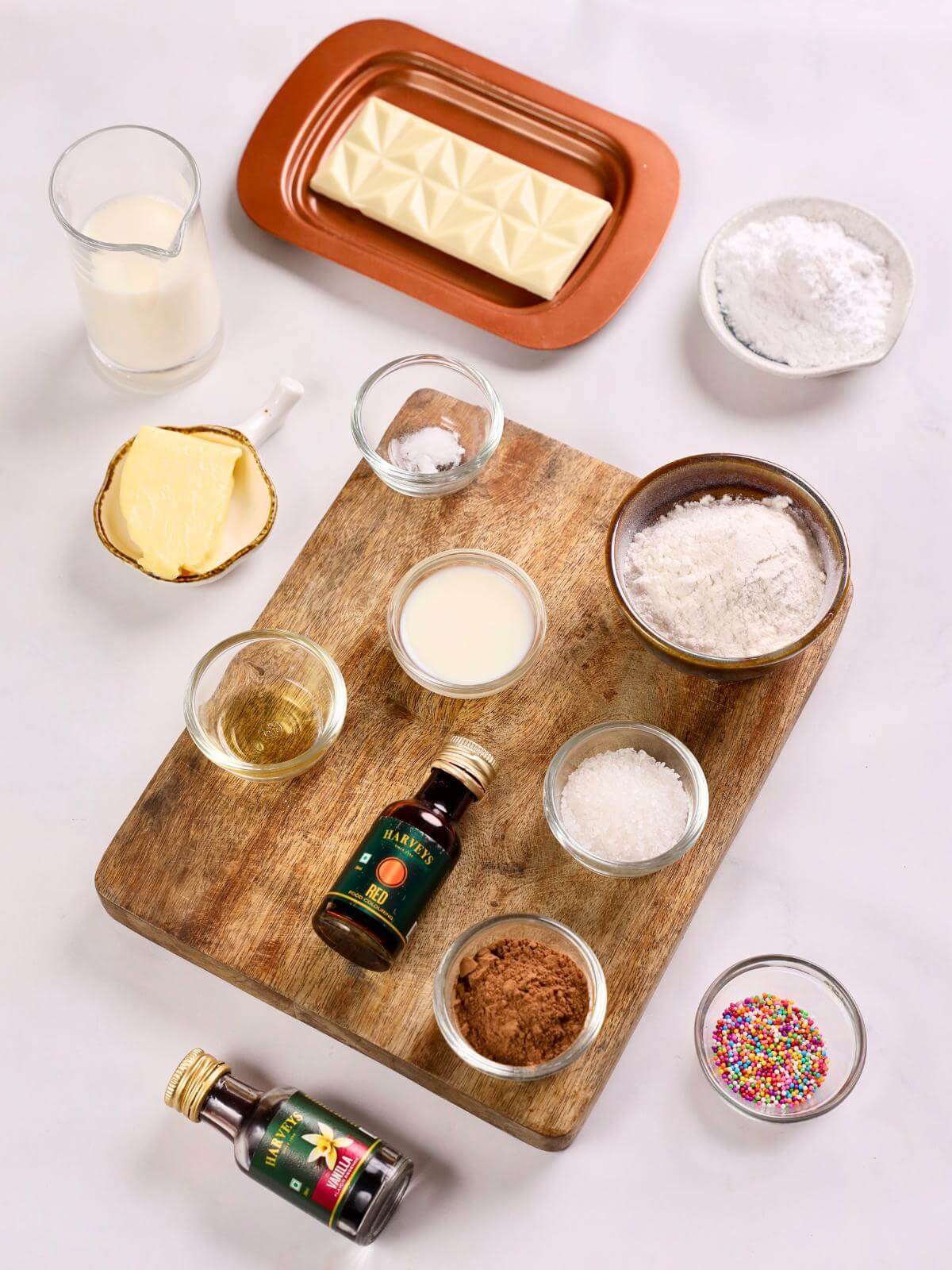 Ingredients for making red velvet cake pops.