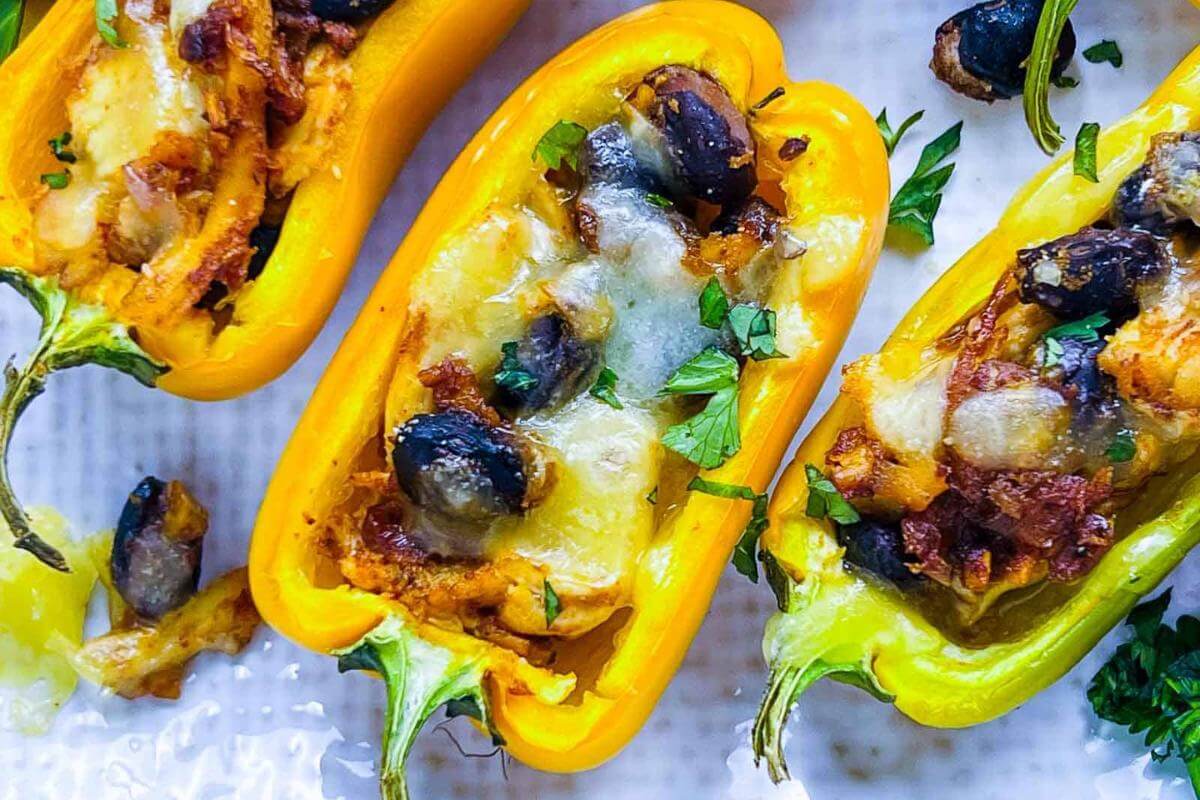 Stuffed green and yellow peppers.