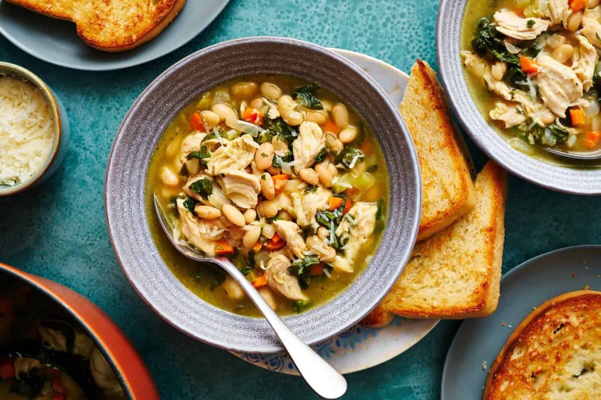 A bowl of lemon turkey white bean soup.