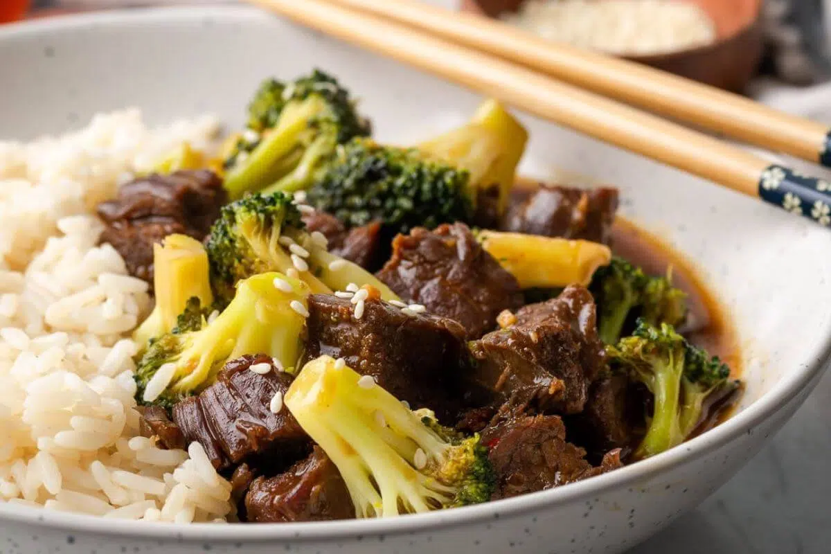 Beef and broccoli in a bowl.