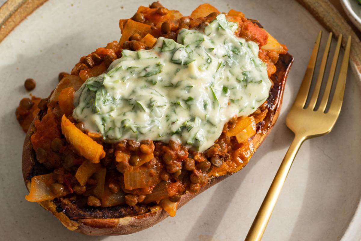 Lentil stuffed sweet potatoes.