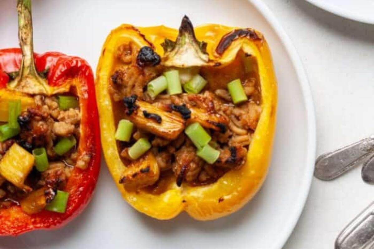 Stuffed red and yellow peppers.