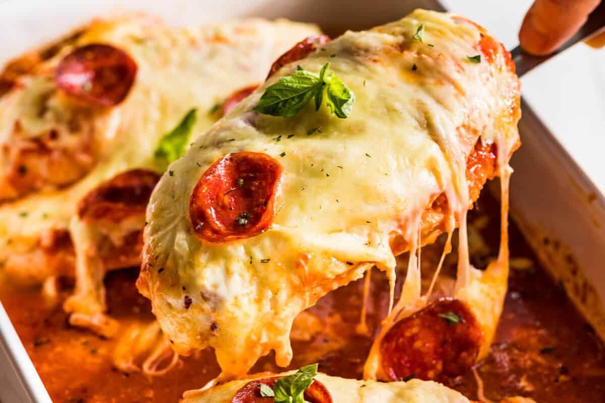 Cheesy pizza chicken.