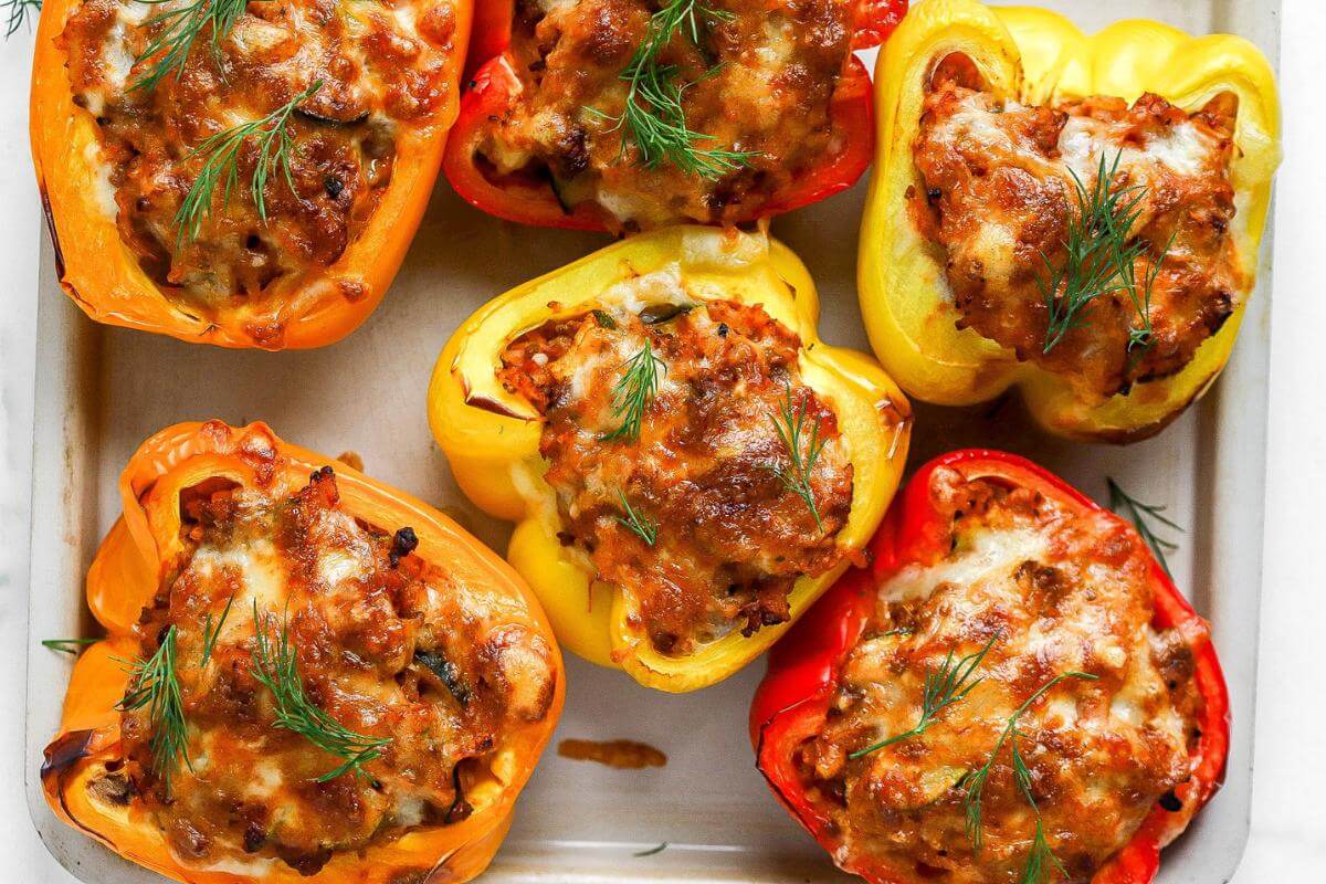 Red, yellow and orange stuffed peppers.