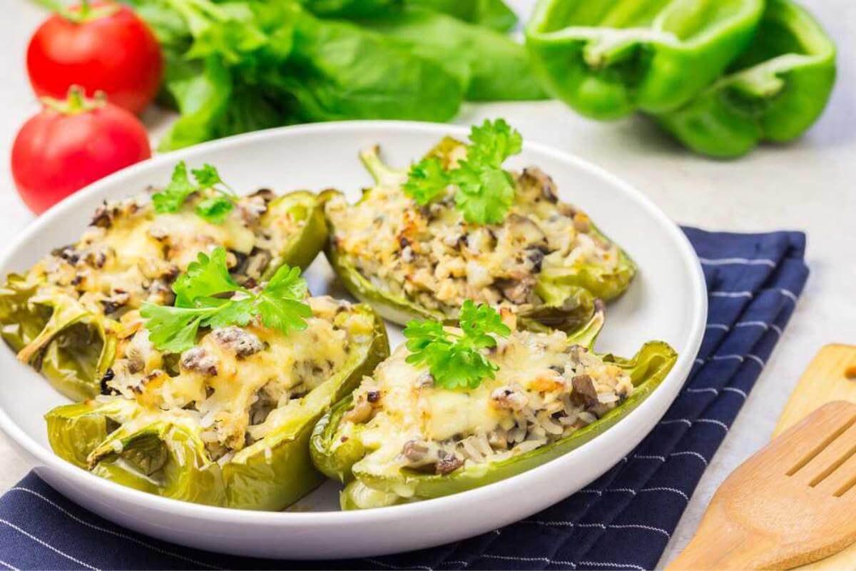 Stuffed poblano peppers on a plate.