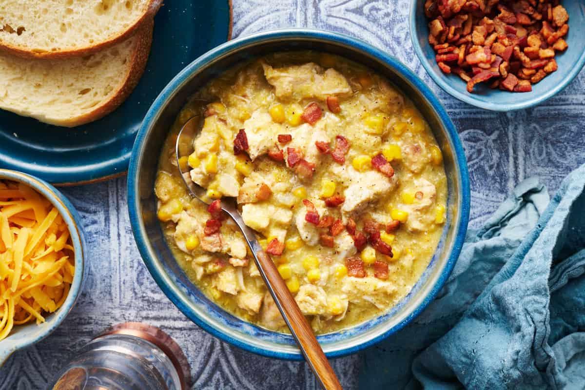 A bowl of chicken corn chowder.