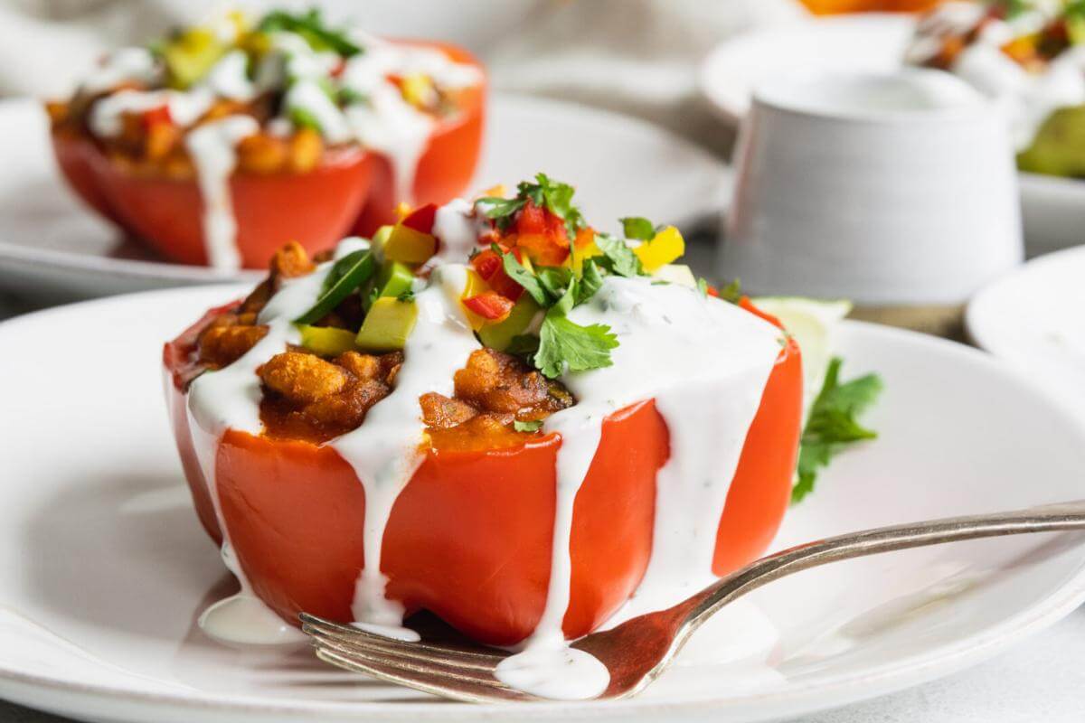 Stuffed peppers with toppings.