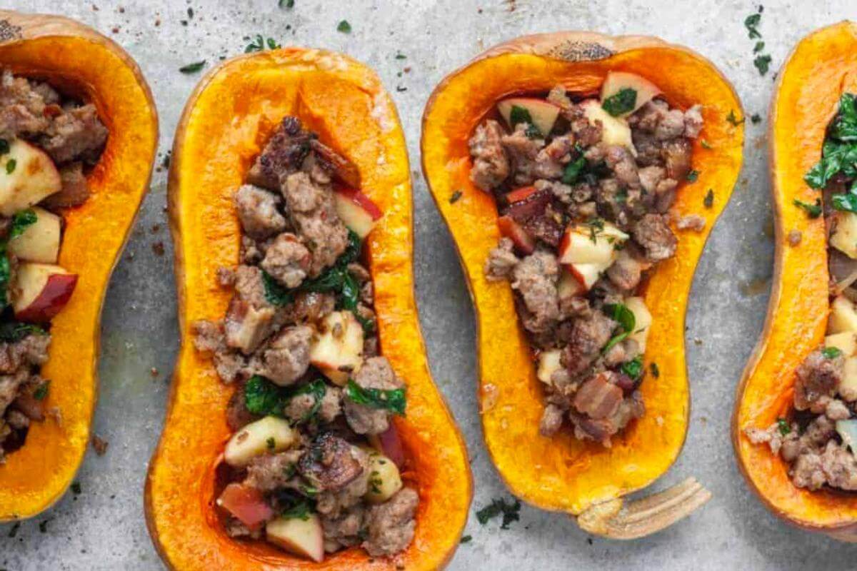 Sausage apple stuffed butternut squash.