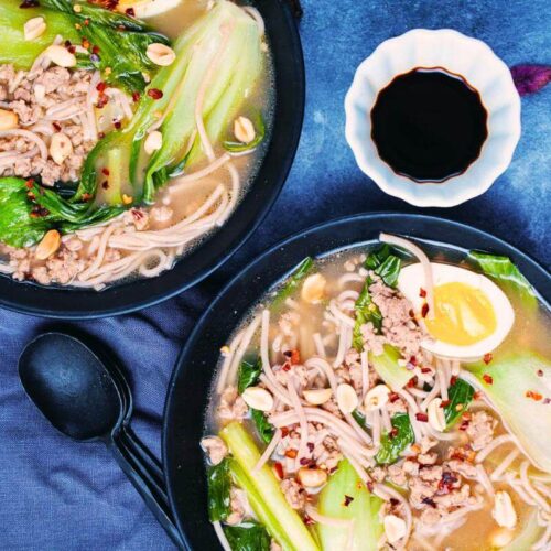 Bowls of bok choy noodle soup.