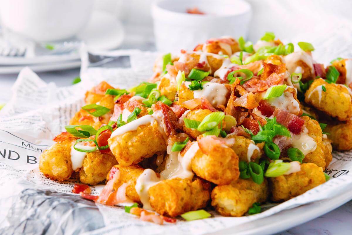 Loaded tater tots on newspaper.