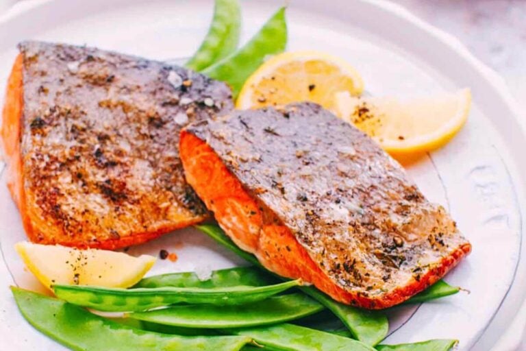 Salmon with crispy skin and veggies.