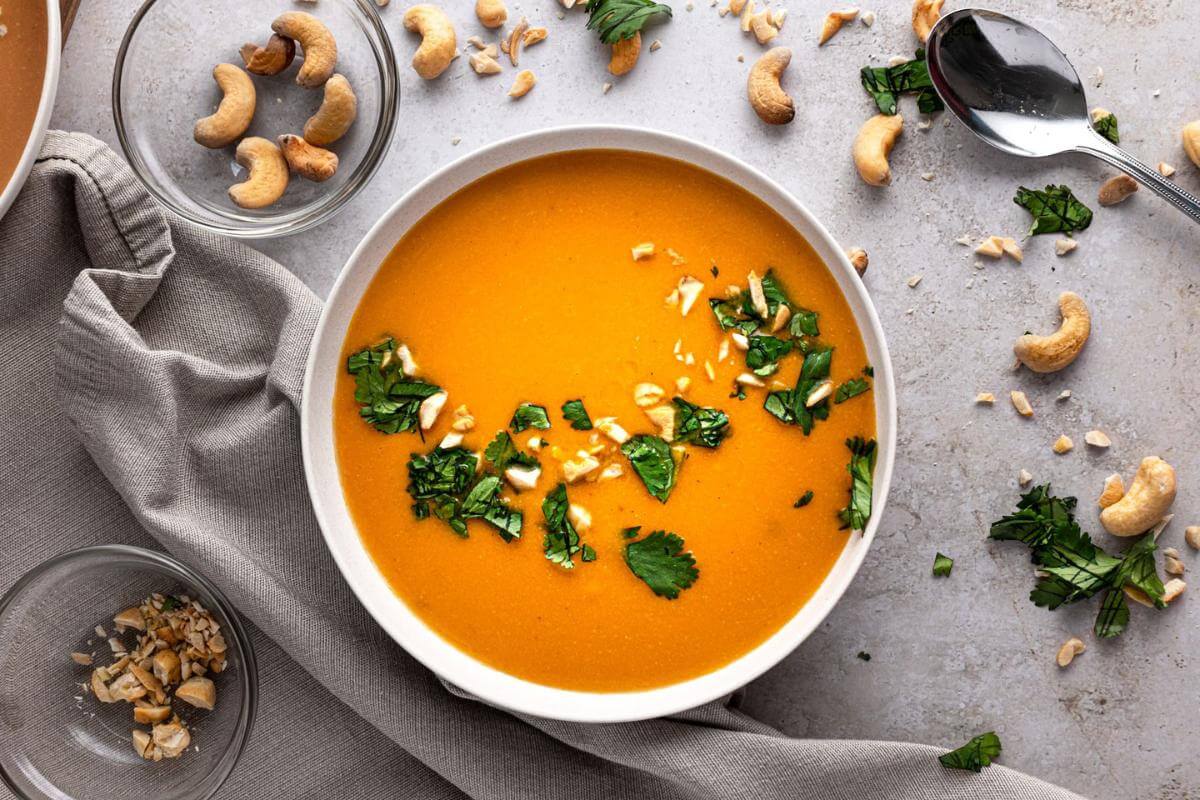 Carrot ginger soup in a bowl.