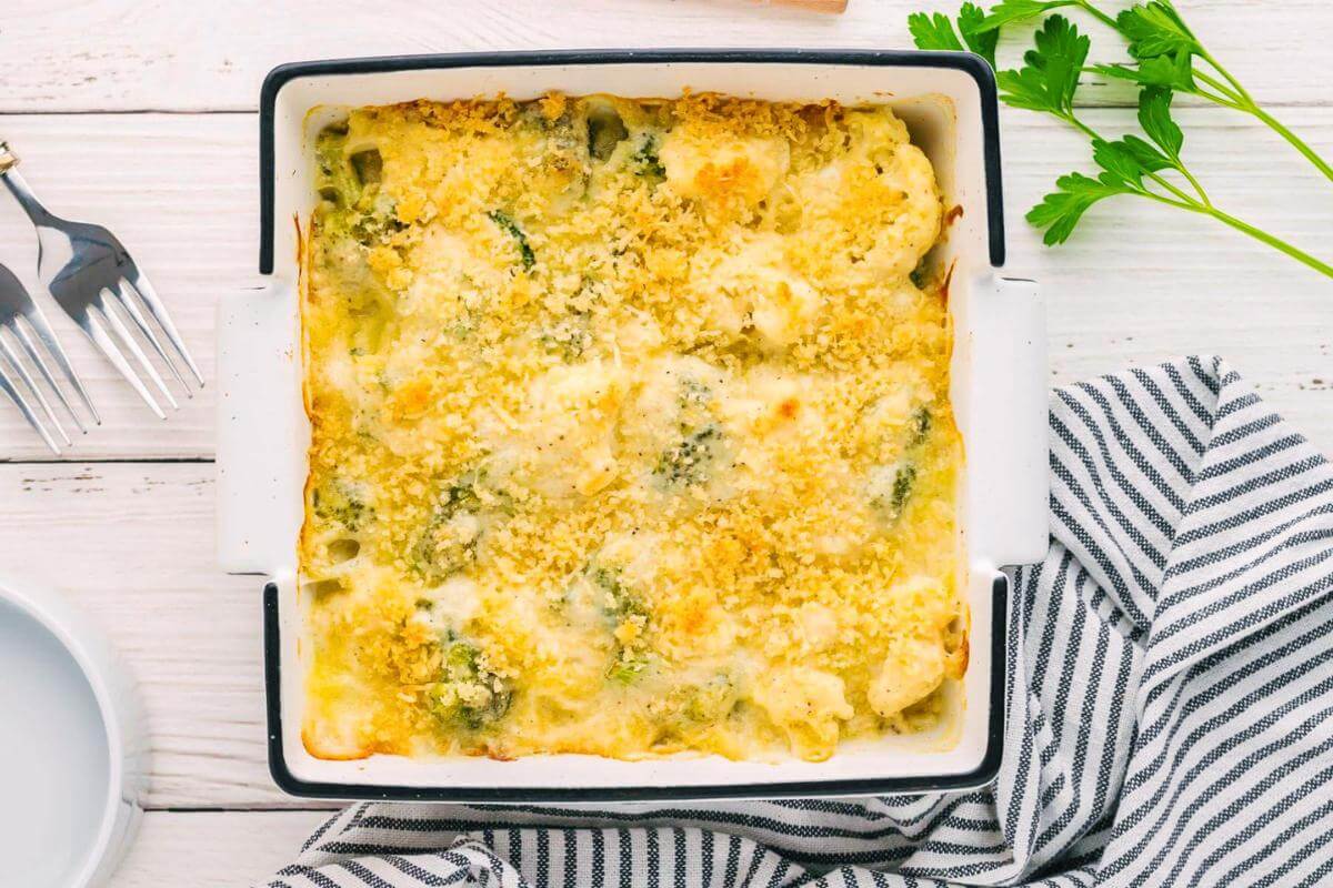 Cheesy broccoli cauliflower casserole.