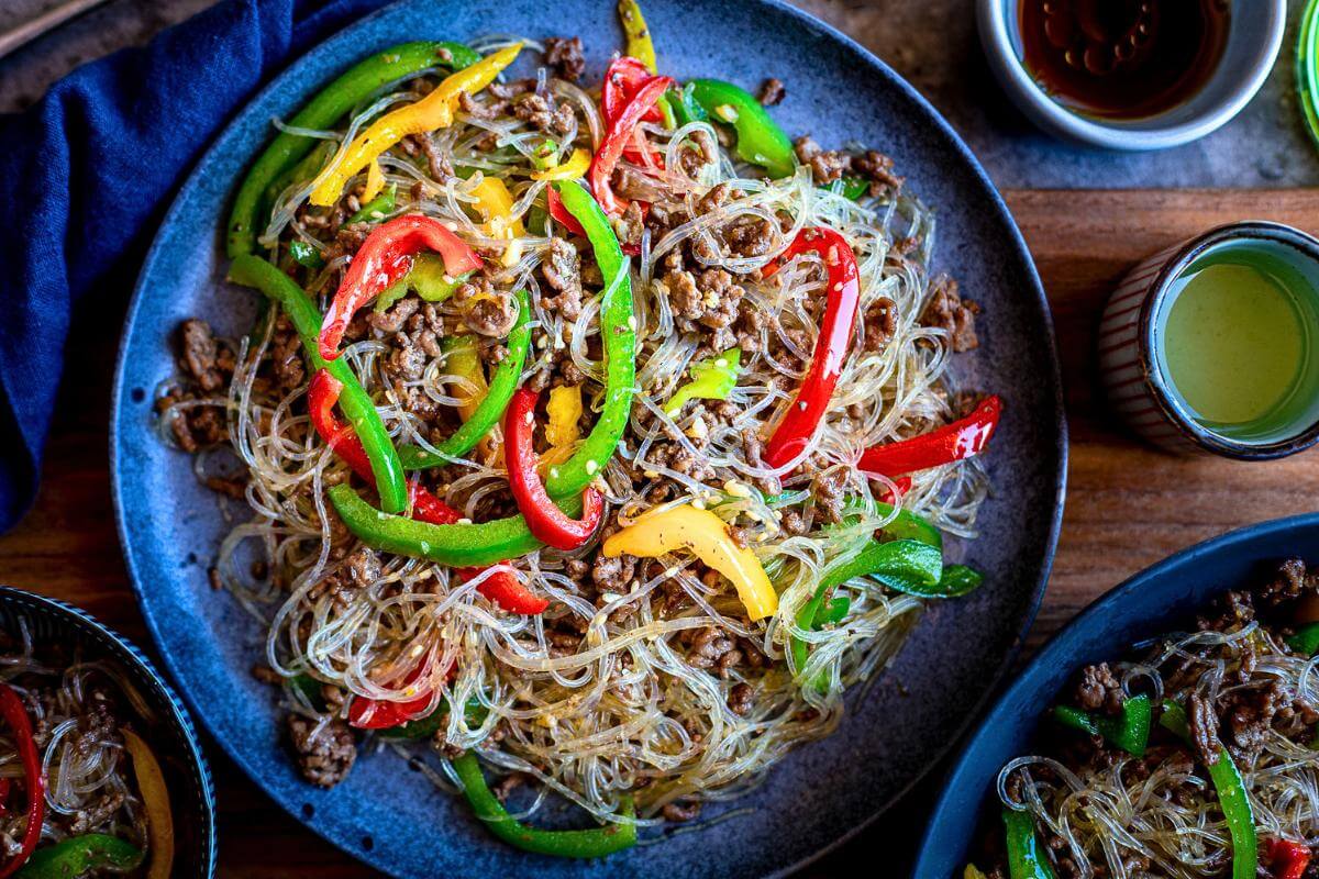 Beef stir fry in a pan.