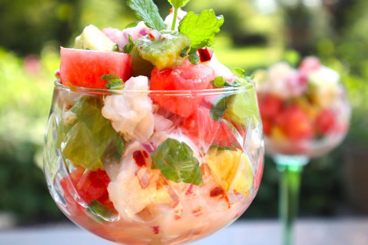 Haddock ceviche in a glass dish.