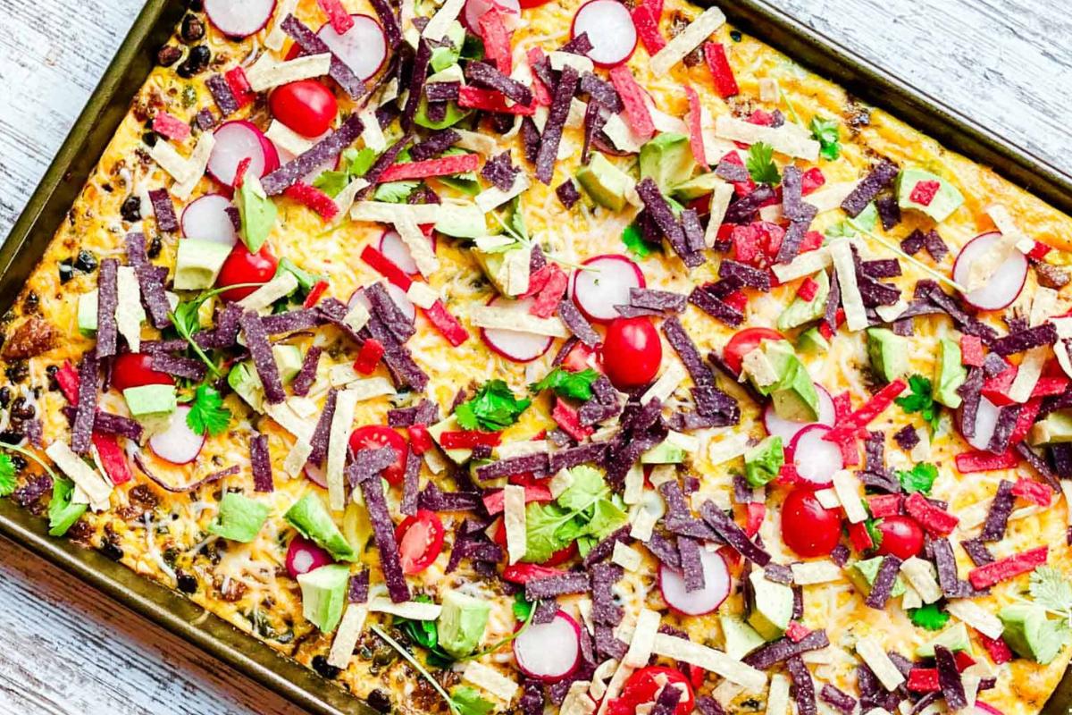 Mexican sheet pan chorizo frittata in a pan.