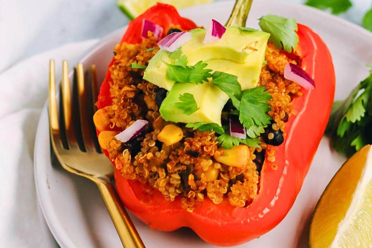 A stuffed bell pepper on a plate.