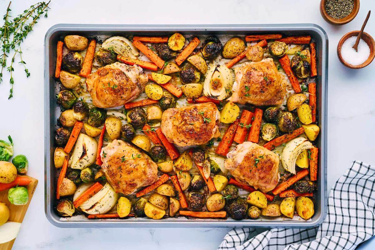 Sheet pan chicken and vegetables.