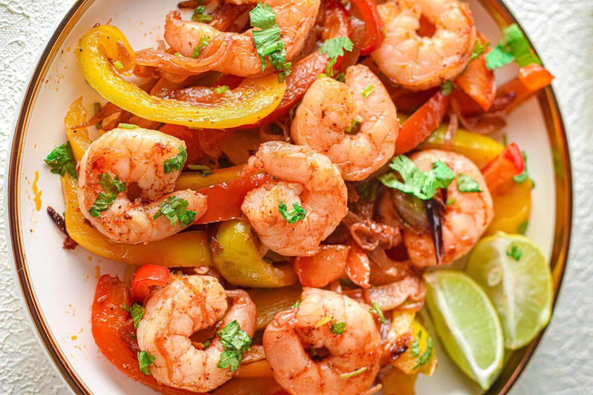 A plate of shrimp fajitas.