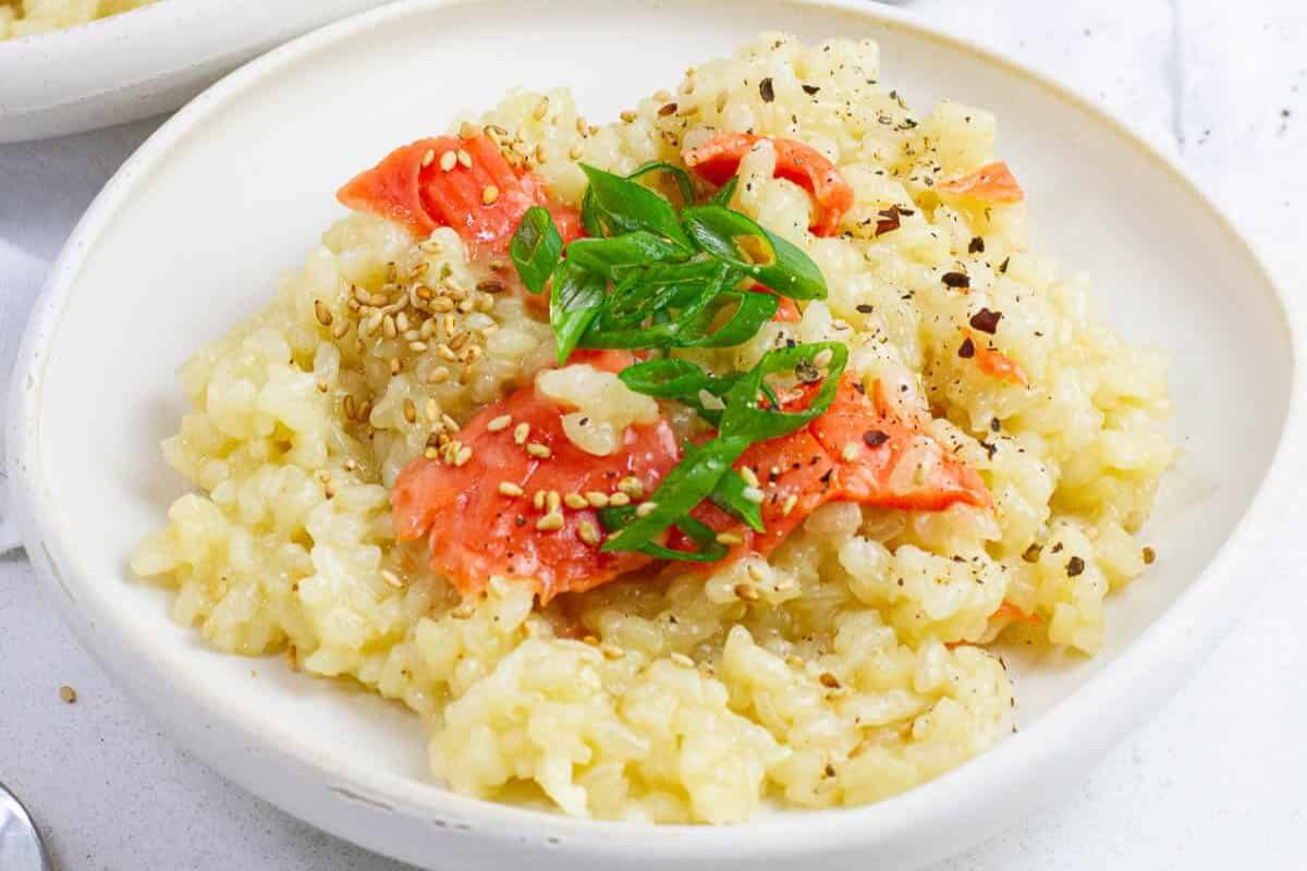 Smoke salmon risotto in a bowl.