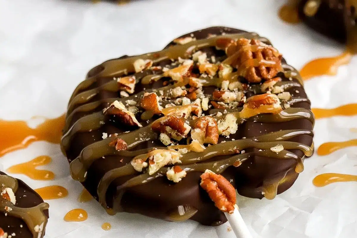 Chocolate Covered Apple Slices drizzled with caramel and topped with crunchy pecans.