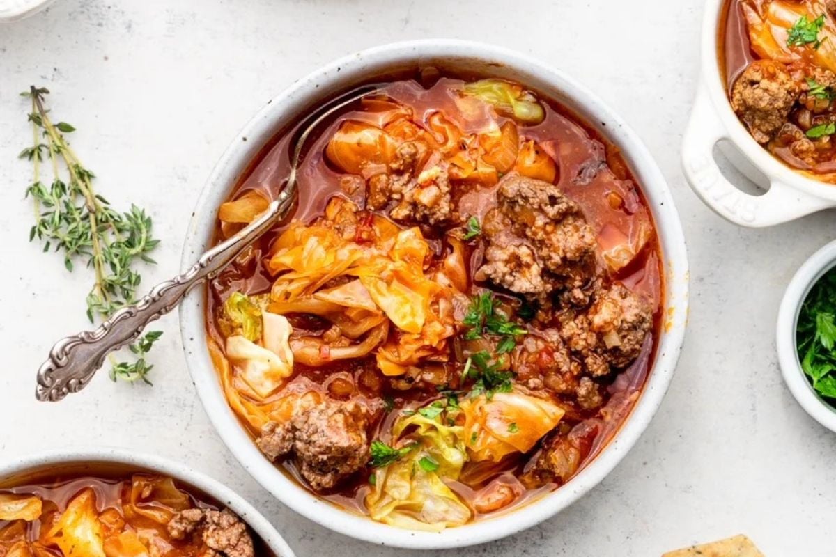Unstuffed cabbage soup in a bowl.
