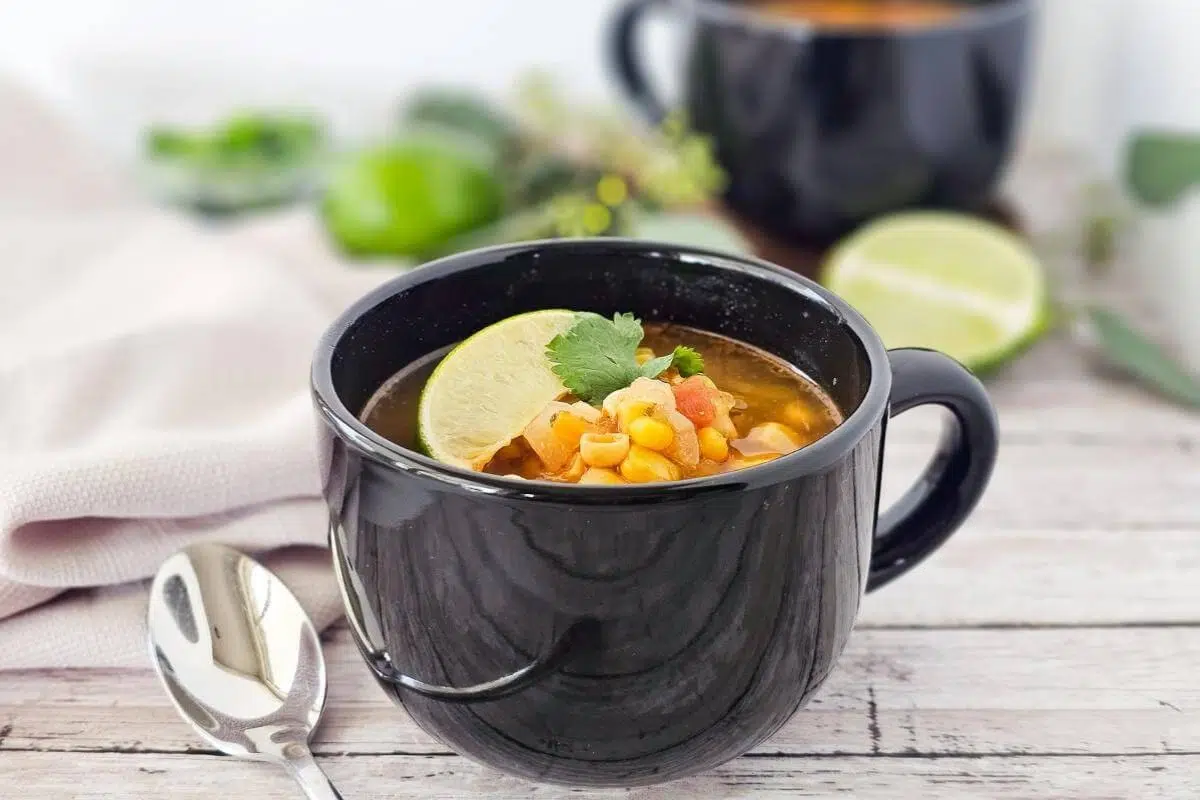 Easy Vegan Mexican Veggie Soup granished with chopped fresh cilantro.