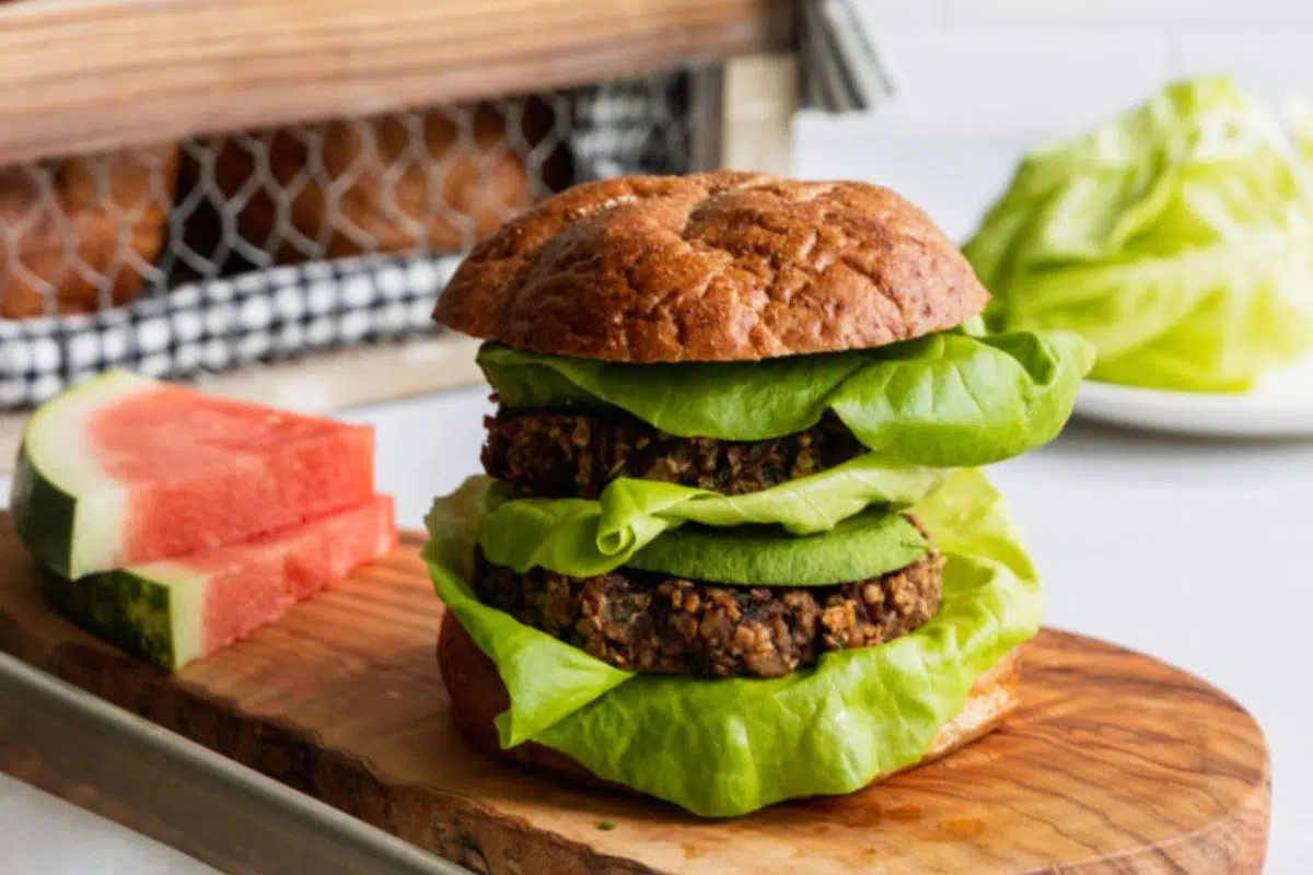 Mushroom Oat Burgers alongside watermelon slices.