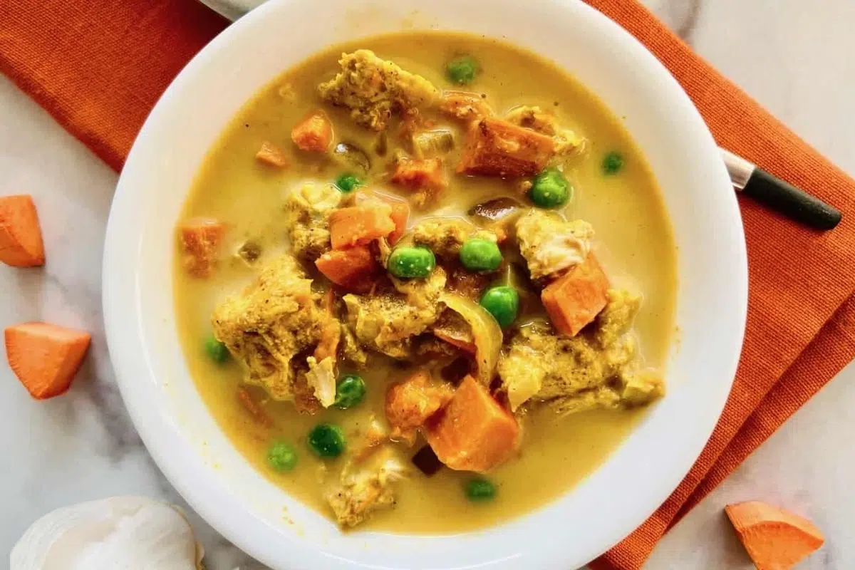 Slow Cooker Chicken & Sweet Potato Curry served in a bowl.