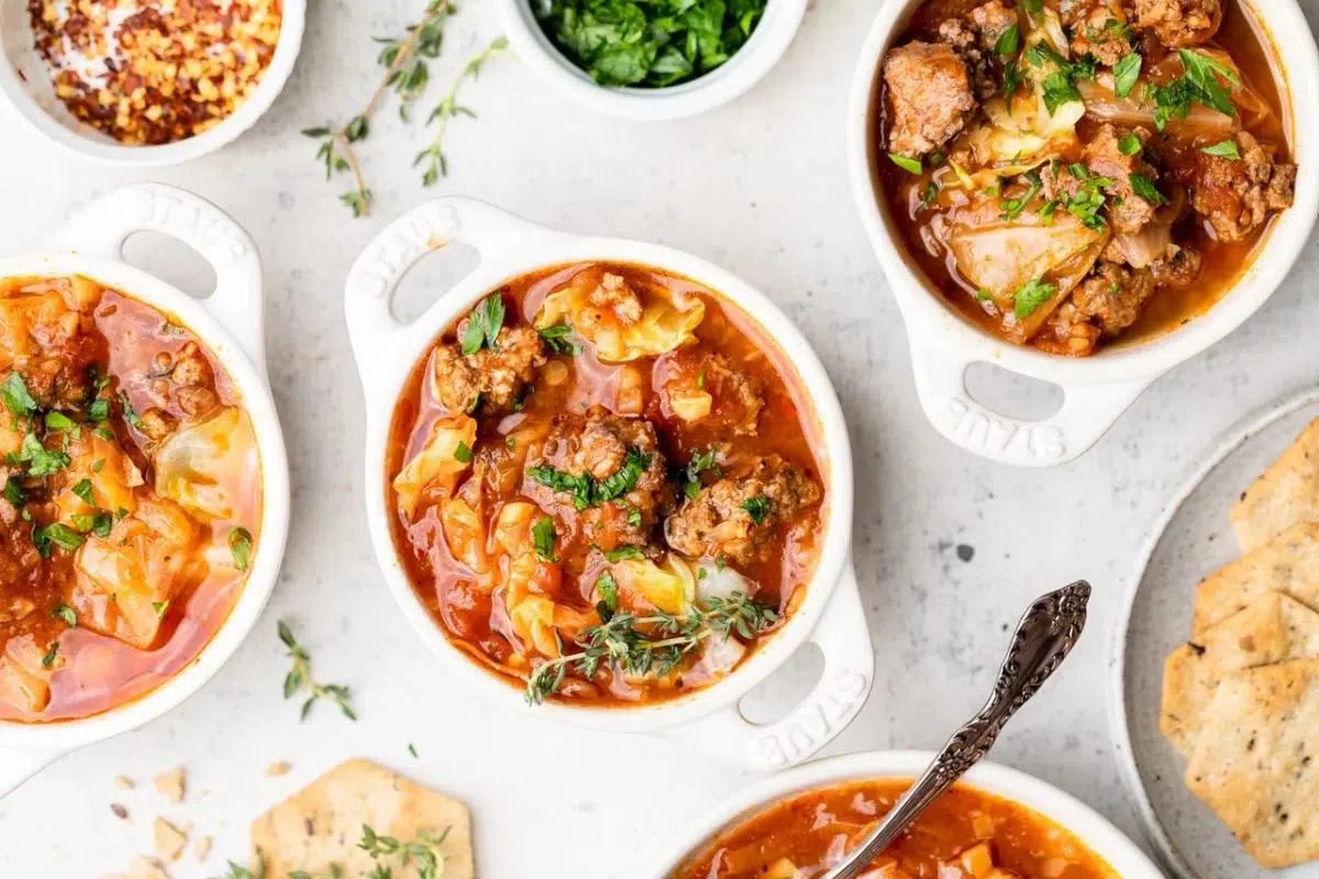 Unstuffed cabbage soup in a bowl.