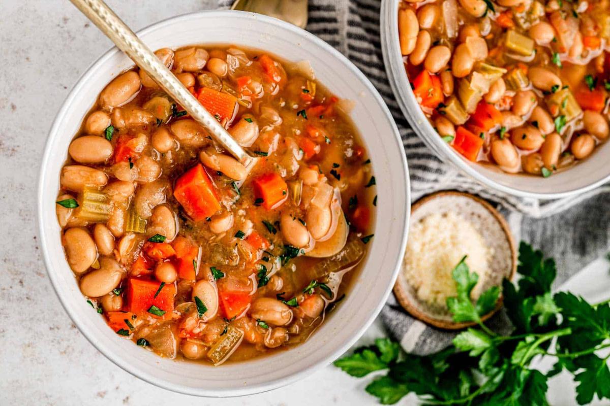 Bowls of vegan white bean soup.