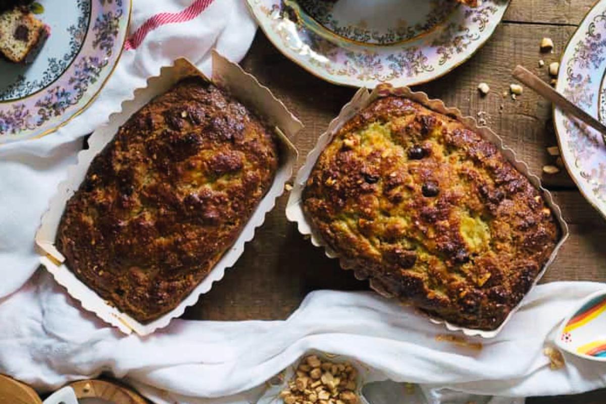 A pair of Gluten-Free Chocolate Peanut Banana Bread.