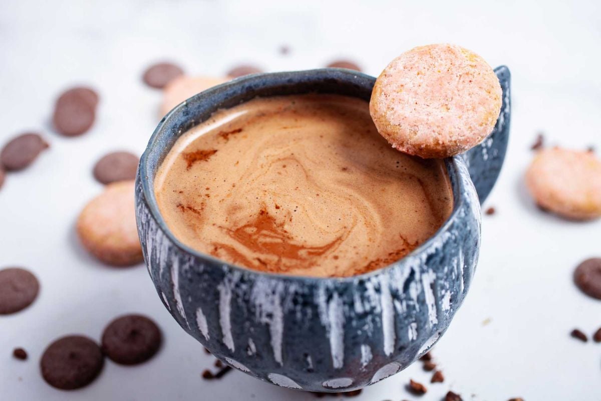 Warm Spiced Bone Broth Hot Chocolate served in a cup.