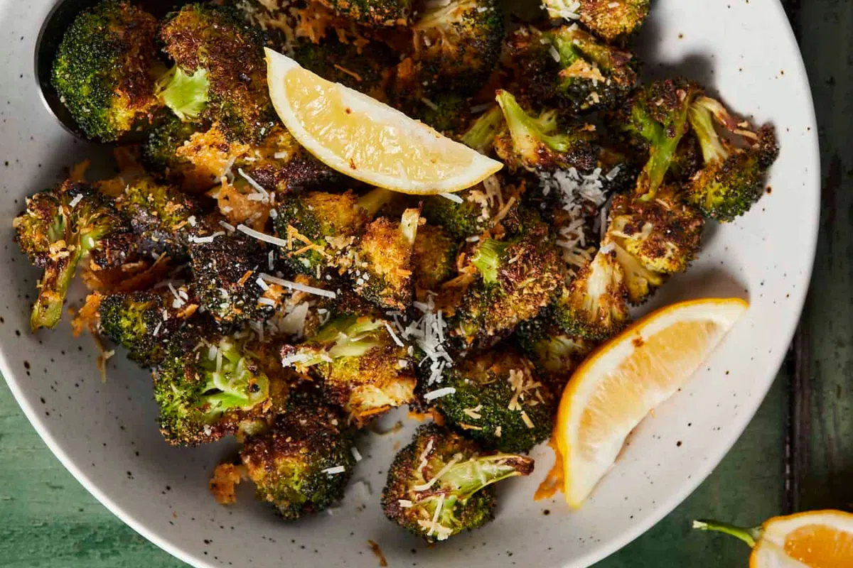 Parmesan Roasted Broccoli with Lemon on a plate.