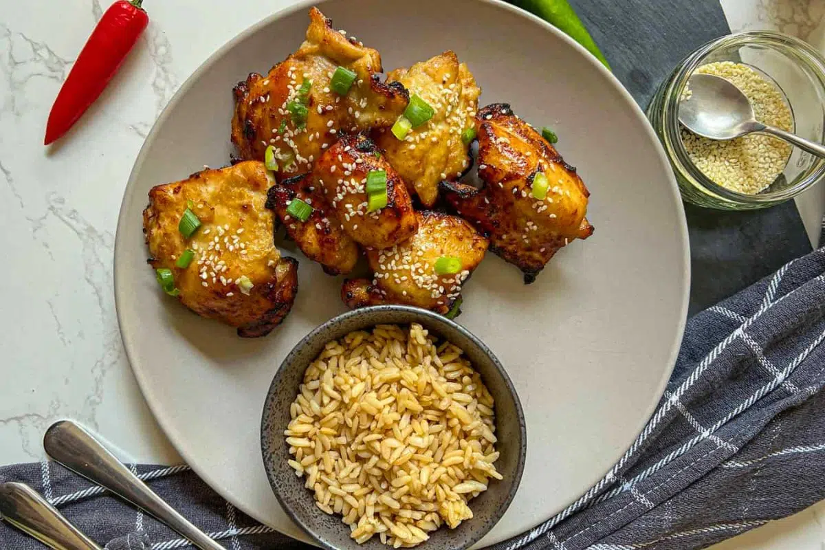 Air Fryer Honey Garlic Chicken Thighs with rice.