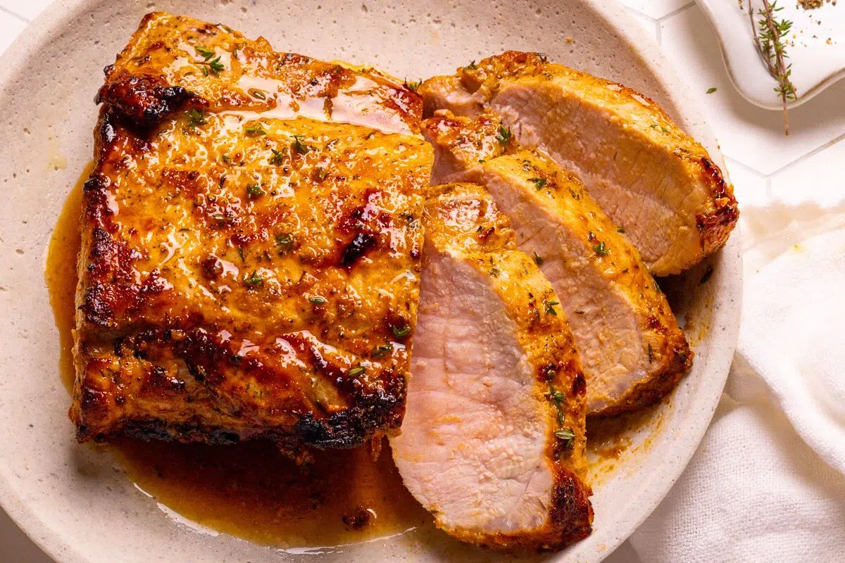 Sliced Air Fryer Pork Loin in a plate..