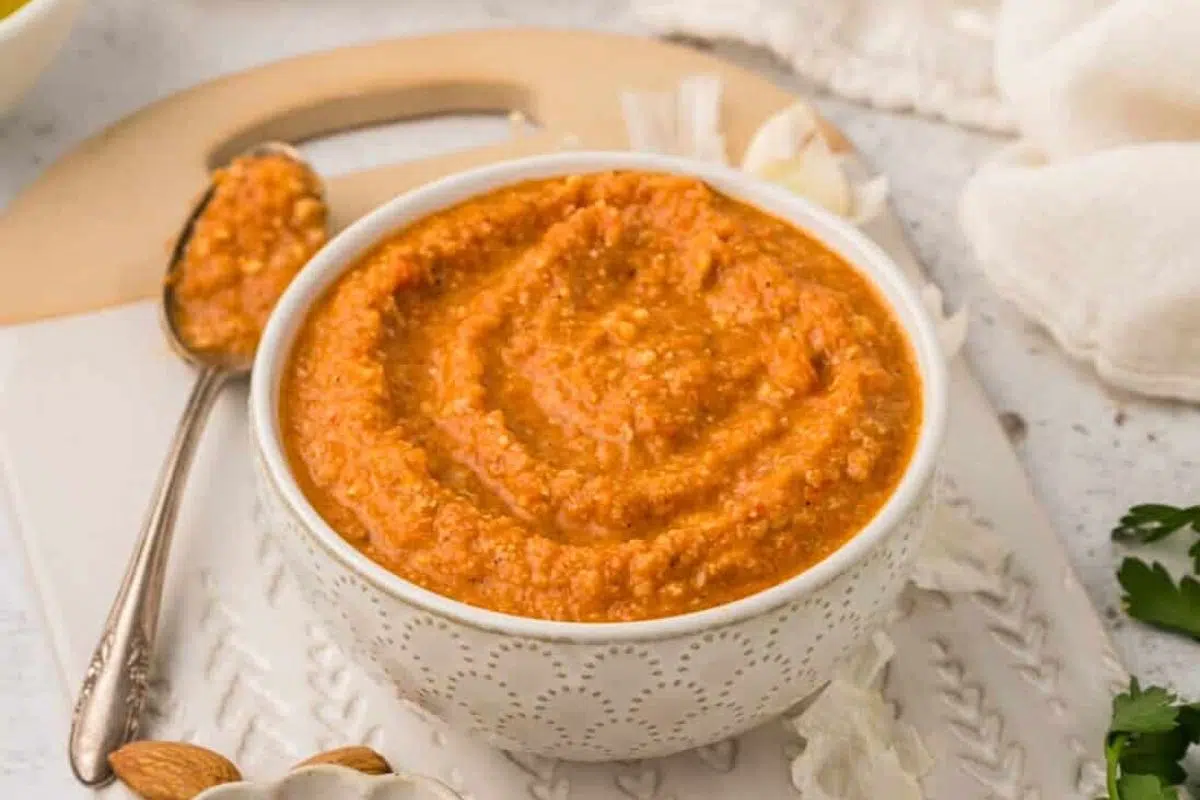 A bowl of Romesco Sauce.