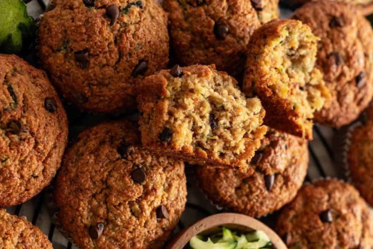 Chocolate Zucchini Oatmeal Muffins on a cooling rack.