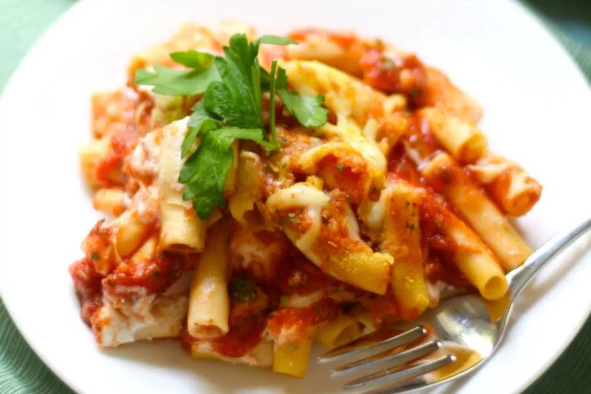 Classic Gluten-Free Vegan Baked Ziti close up look.