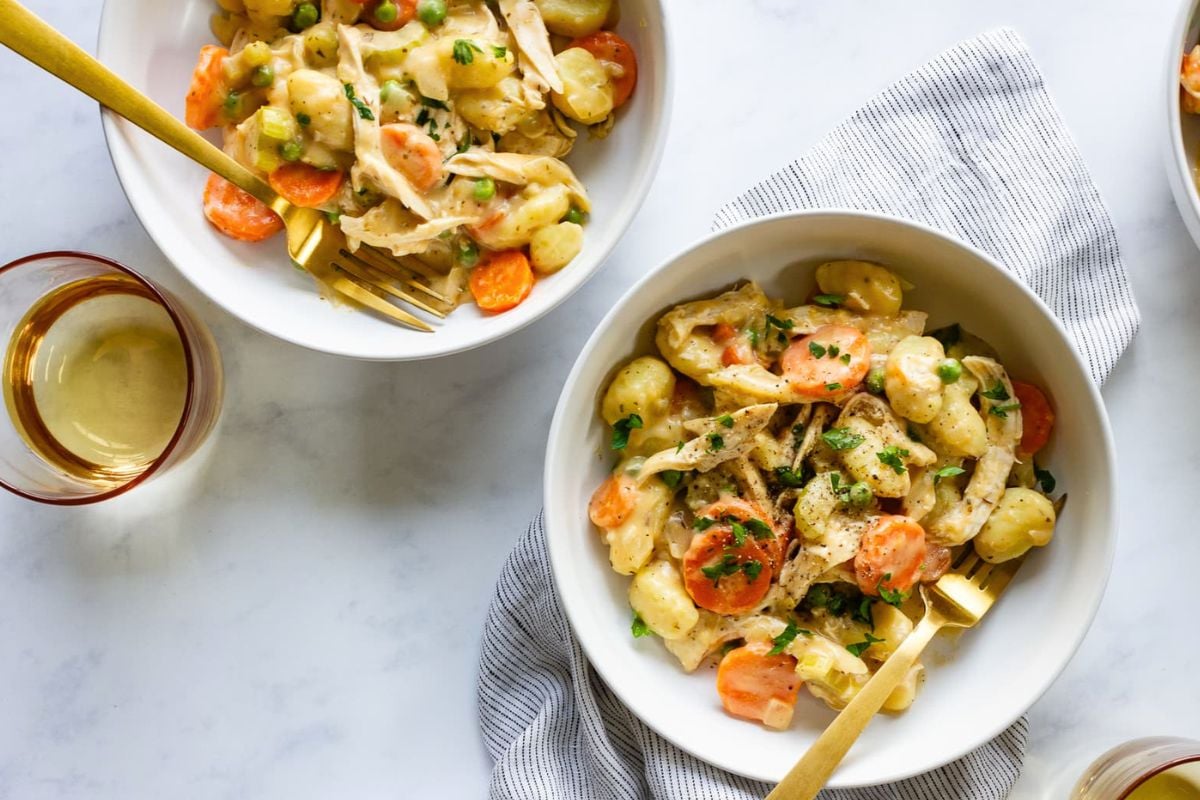Bowls of Comforting Chicken and Gnocchi Dumplings.