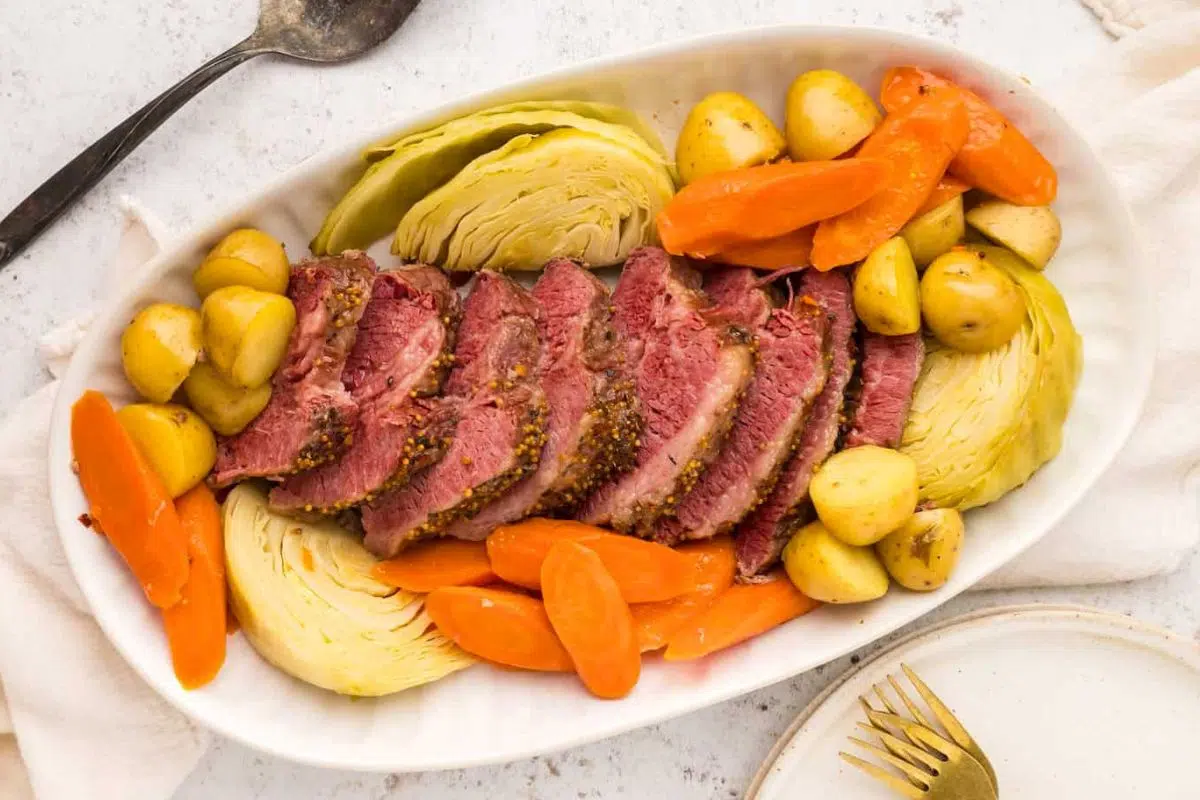 Corned Beef and Cabbage with Carrots and Potato.
