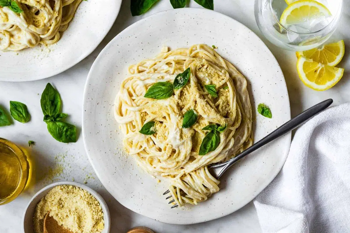 Creamy Silken Tofu Pasta Sauce on a plate.