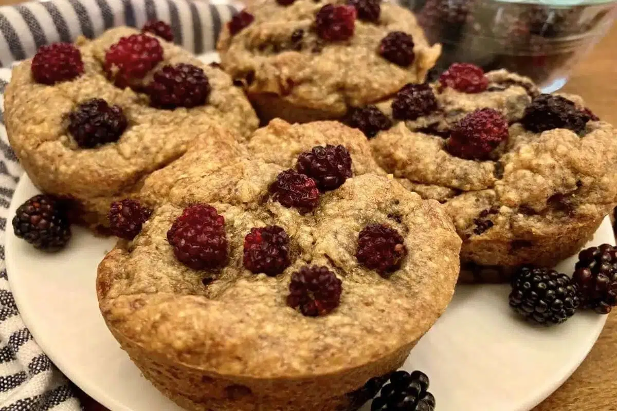 Easy Gluten-Free Blackberry Banana Breakfast Muffins with Oats served on a plate.